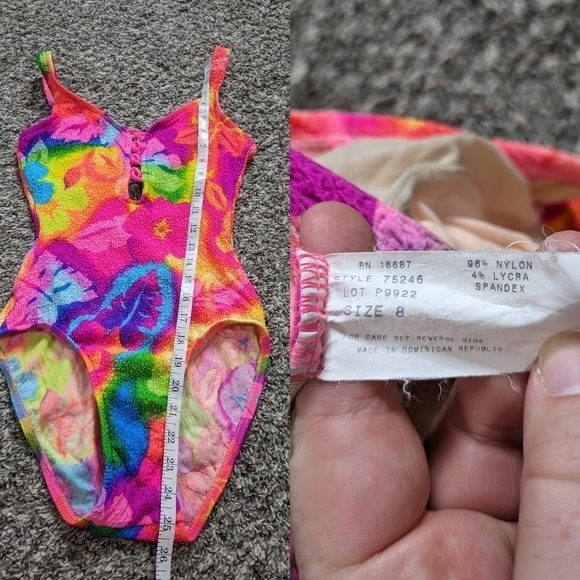 Vintage colorful neon pink yellow blue tropical hibiscus floral swimsuit 8 - Picture 8 of 12